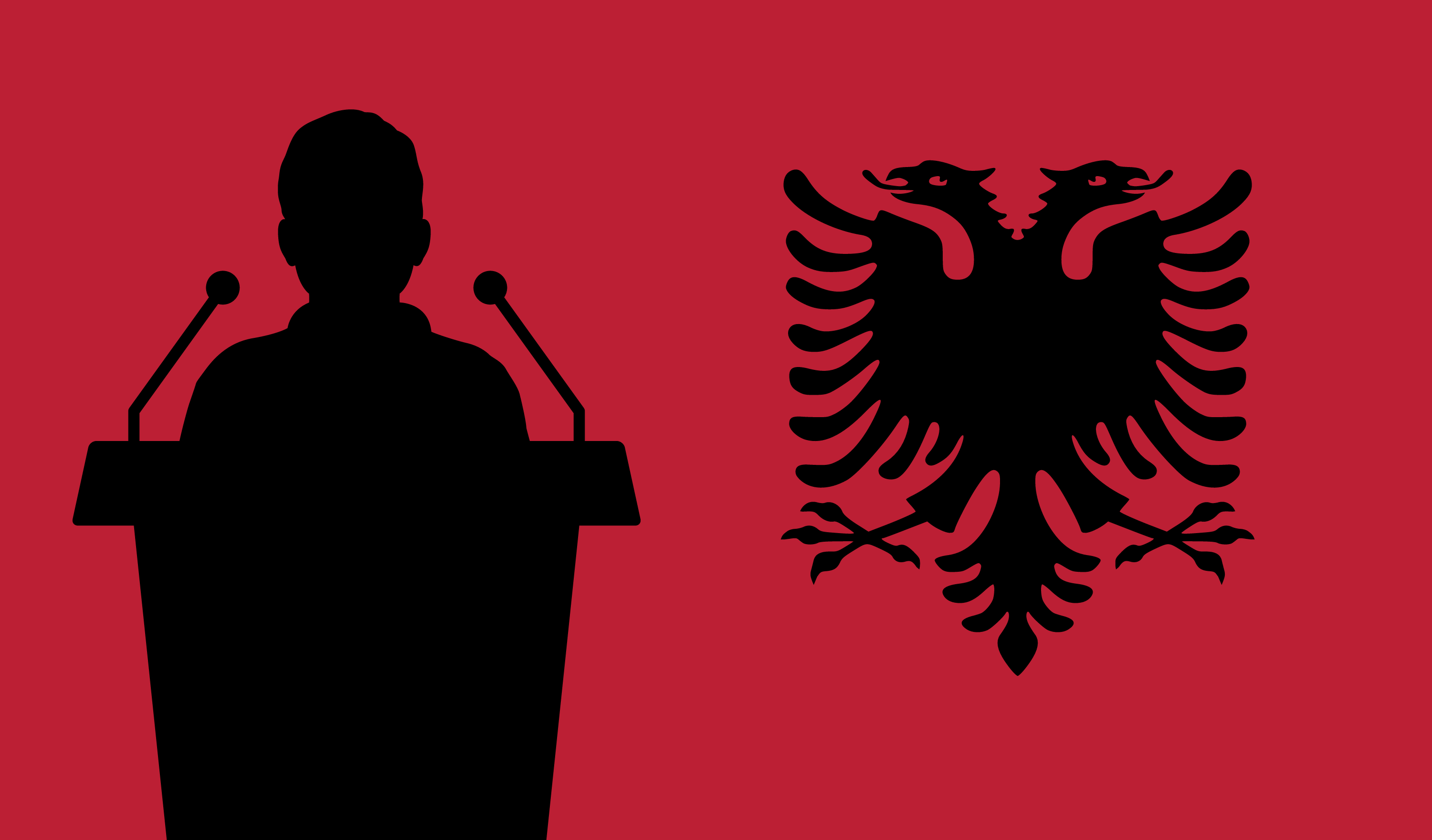 A stylized figure speaking behind a lectern, on his right the double-headed eagle of the Albanian flag