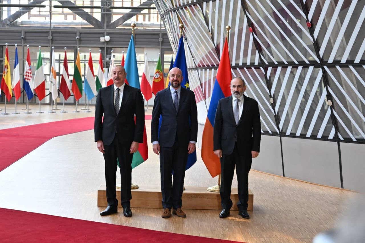 Brussels, 14 May 2023. Azerbaijani President Ilham Aliyev, European Council President Charles Michel and Armenian Prime Minister Nikol Pashinyan