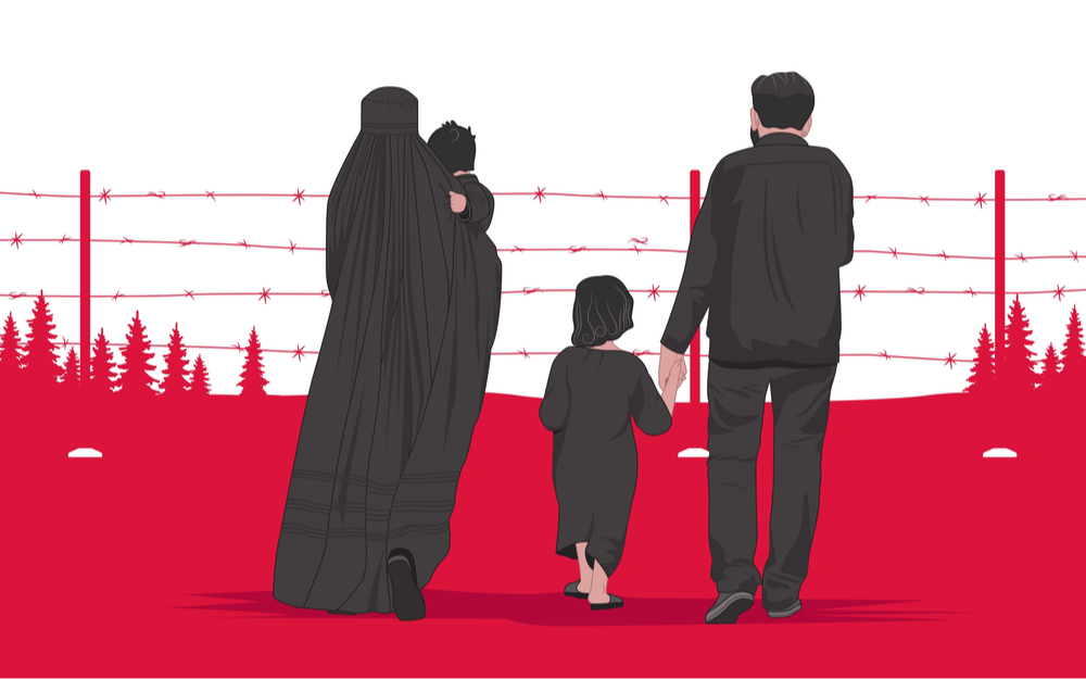 Illustrazione grafica di una famiglia davanti ad un filo spinato Illustrazione grafica di una famiglia davanti ad un filo spinato