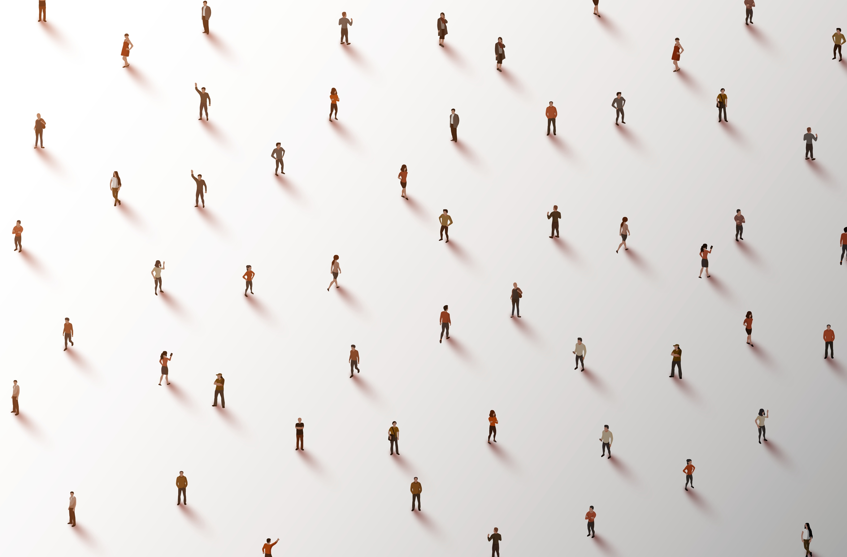 Illustration showing many people seen from afar and sparse on a white background