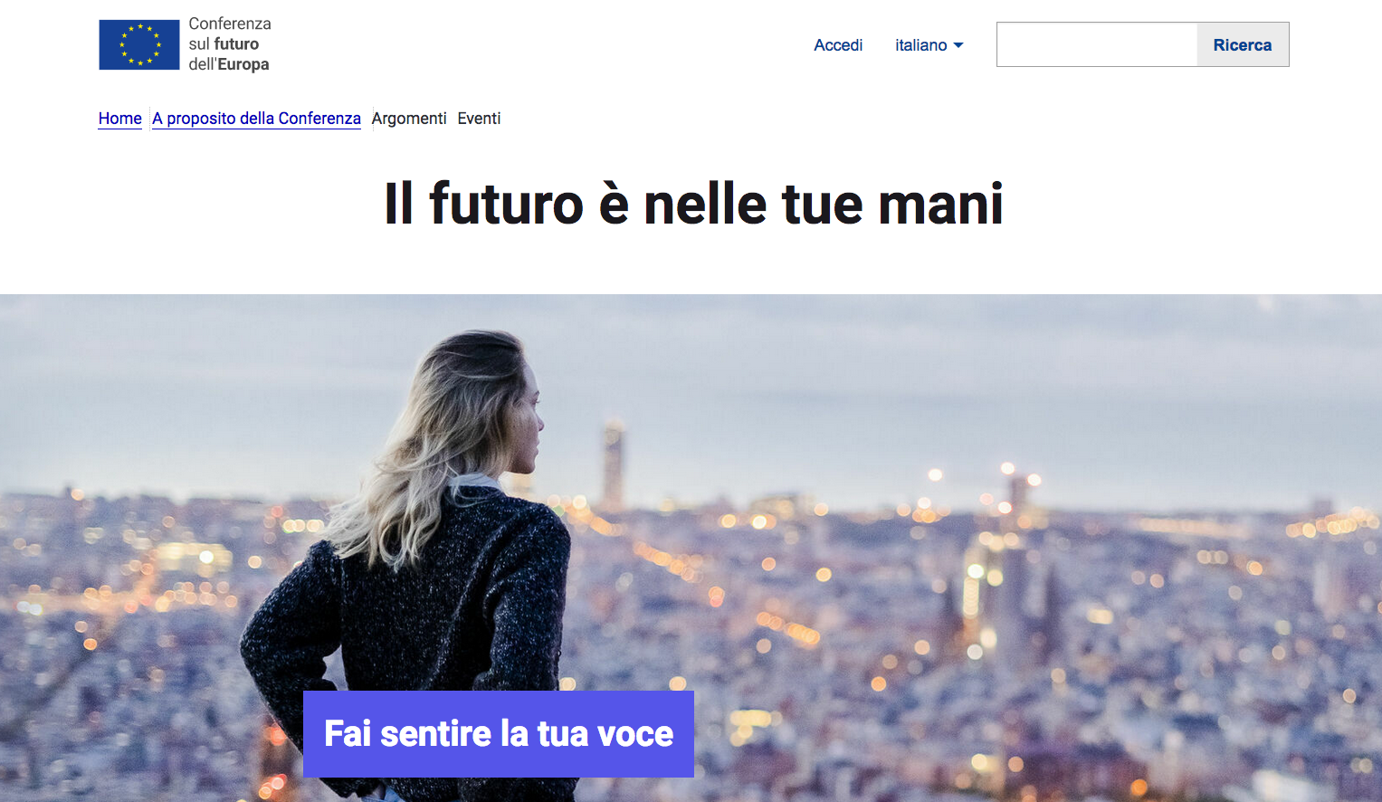 Uno screenshot del portale della "Conferenza sul futuro dell'Europa", in primo piano una ragazza che guarda dall'alto una città