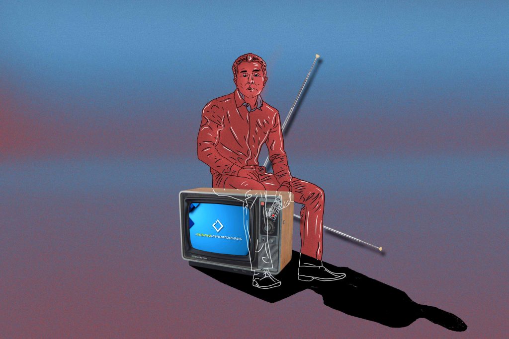 Illustrazione che raffigura il capo di Sogno georgiano Ivanishvili seduto sopra una televisione e con il telecomando in mano Illustrazione che raffigura il capo di Sogno georgiano Ivanishvili seduto sopra una televisione e con il telecomando in mano