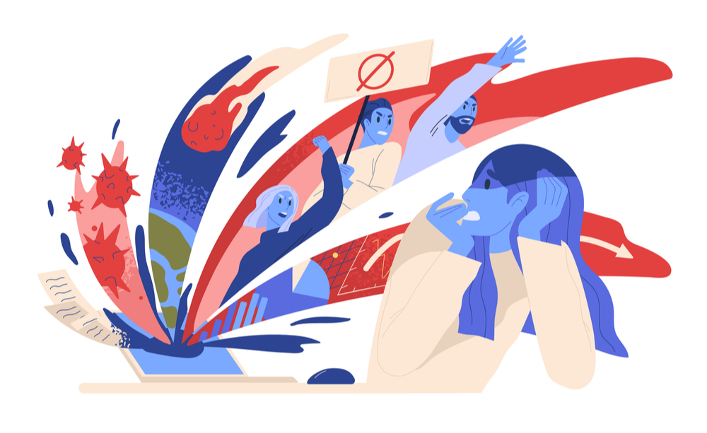 Drawing of a woman panicking at reading online news © GoodStudio/Shutterstock Drawing of a woman panicking at reading online news © GoodStudio/Shutterstock