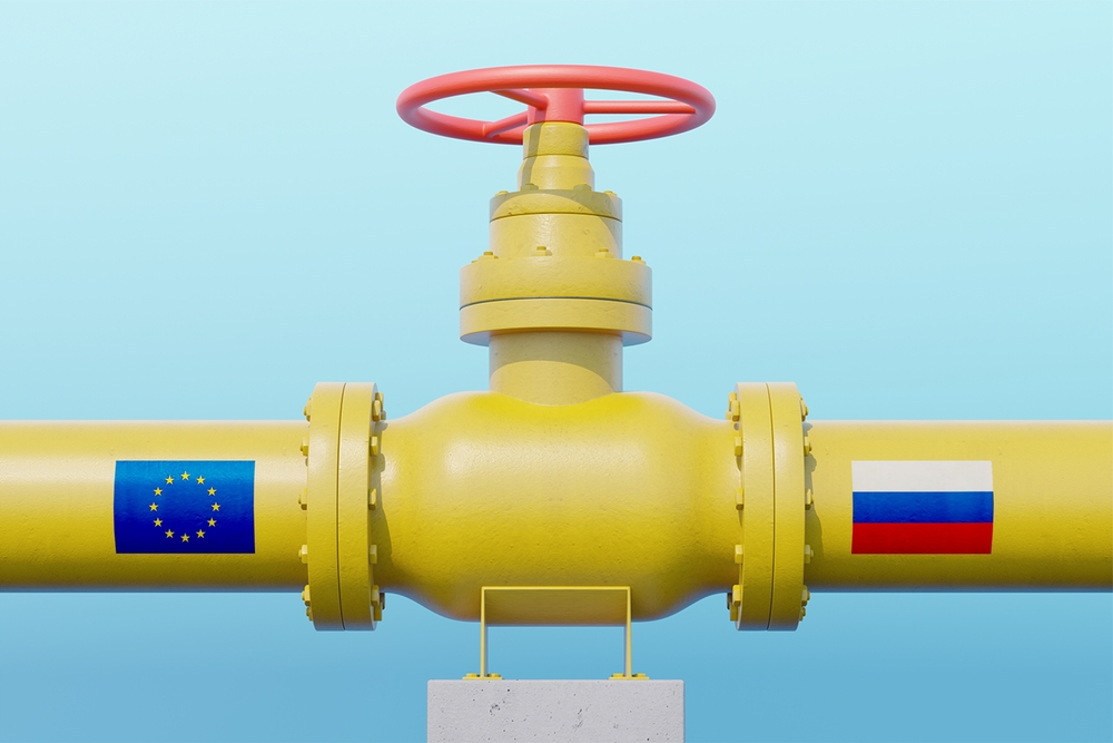 Grafica: gasdotto con la bandiera dell'Ue e la bandiera russa