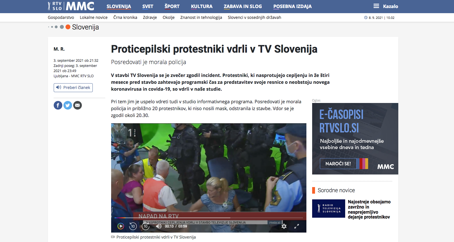 Il portale di RTV Slovenia pubblica la notizia dell'irruzione nei propri studi televisivi