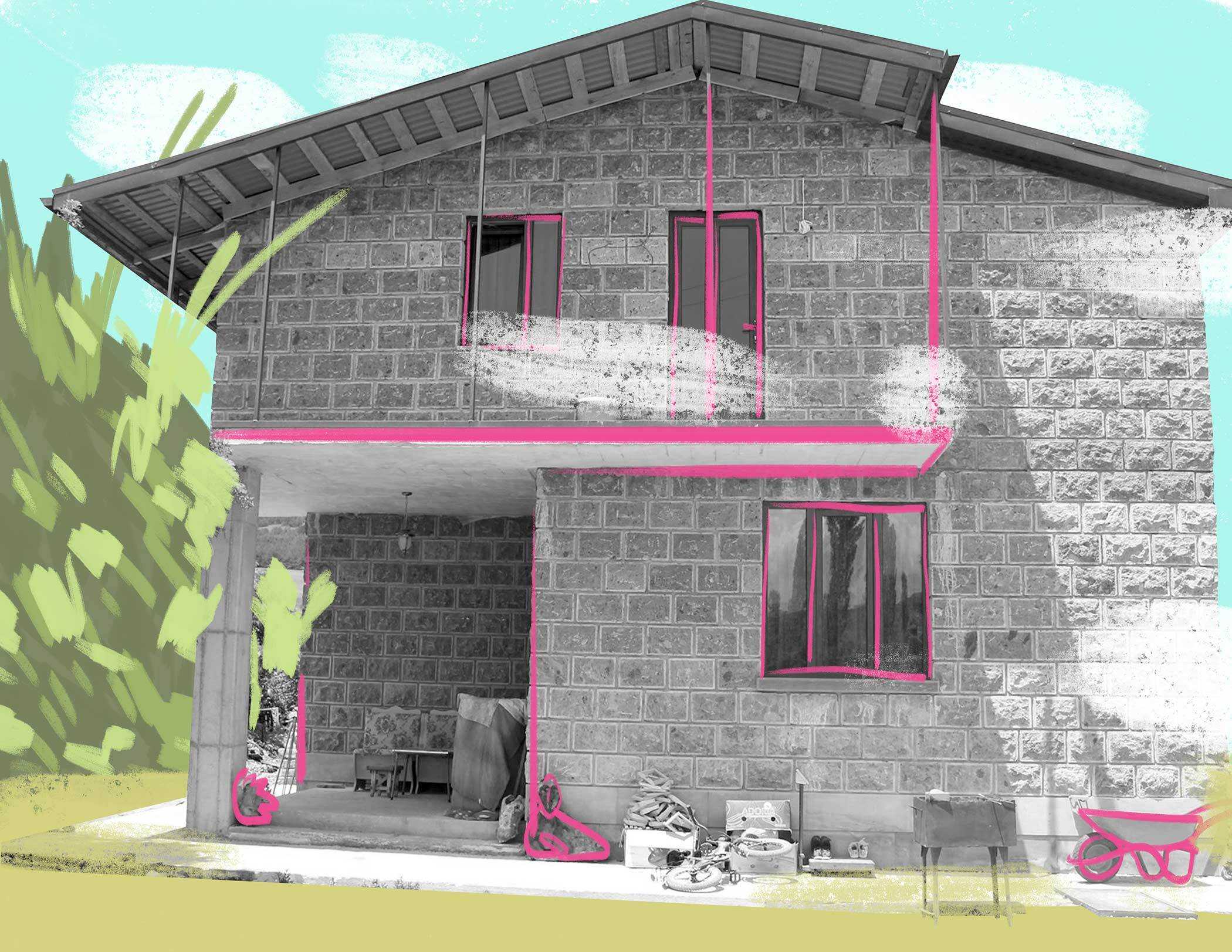 Un'illustrazione che si basa su una foto della guesthouse di Martin Sargsyan