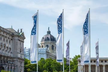 Bandiere dell'OSCER sventolano, sullo sfondo la sede dell'organizzazione nel centro di Vienna