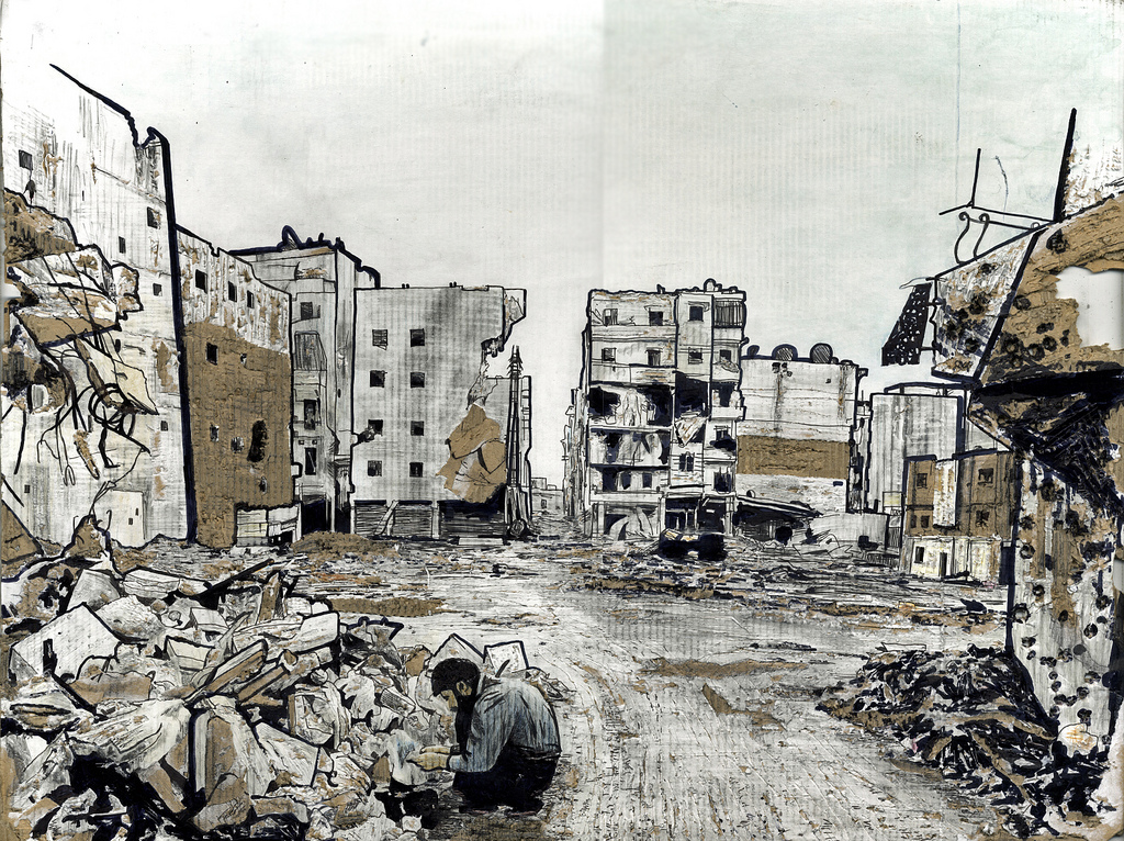 Un uomo ispeziona le macerie in un quartiere di Aleppo, studio (Josh Tabti, Flickr)