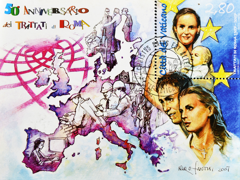 Francobollo commemorativo dei Trattati di Roma, nel 1957 - © Trendsetter/Shutterstock Francobollo commemorativo dei Trattati di Roma, nel 1957 - © Trendsetter/Shutterstock