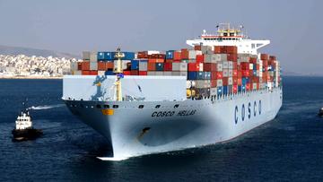 A COSCO container ship enters the Piraeus port in Greece