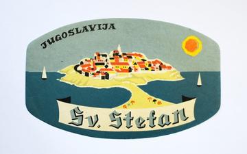 Una pubblicità di epoca jugoslava con l'immagine stilizzata della penisola di Sveti Stefan