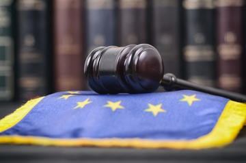 Mrtelletto da giudice appoggiato su un cuscino blu con le stelle dell'UE © corgarashu/Shutterstock