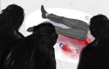 Illustrazione che mostra un cadavere a terra, circondato da masse scure. Al suo fianco un telefonino con un messaggio pacifista. Illustrazione di Fidan Akhundova/Chai Khana