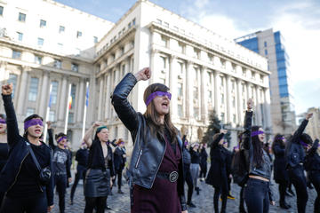 Bucharest, Romania - March 1, 2020: Women take part at a feminist flash mob in downtown Bucharest