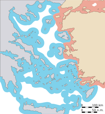 Frontiera marittima della Grecia (blu) e della Turchia (rossa) se fissata a 12 miglia marine (Perfect at Sunrise, Wikimedia — CC BY-SA 3.0)