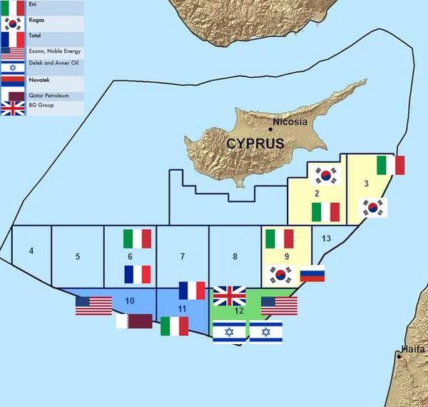 This map shows Cyprus’ Exclusive Economic Zone, as well as the different drilling blocks, the companies that are exploiting them, and their country. (Andreas Vou | VoxEurop)