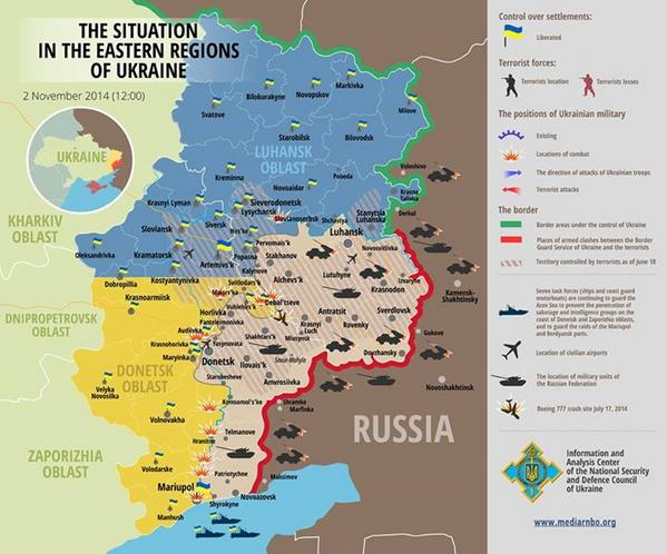 Una mappa dell’esercito ucraino del novembre 2014, due mesi dopo i primi accordi di Mins’k, con in rosa le aree non controllate da Kyiv. La mappa sarebbe poi leggermente variata nel febbraio 2015, in seguito alle battaglie vinte dai separatisti filorussi nel corridoio fra Ilovajs’k e Debal’tseve.