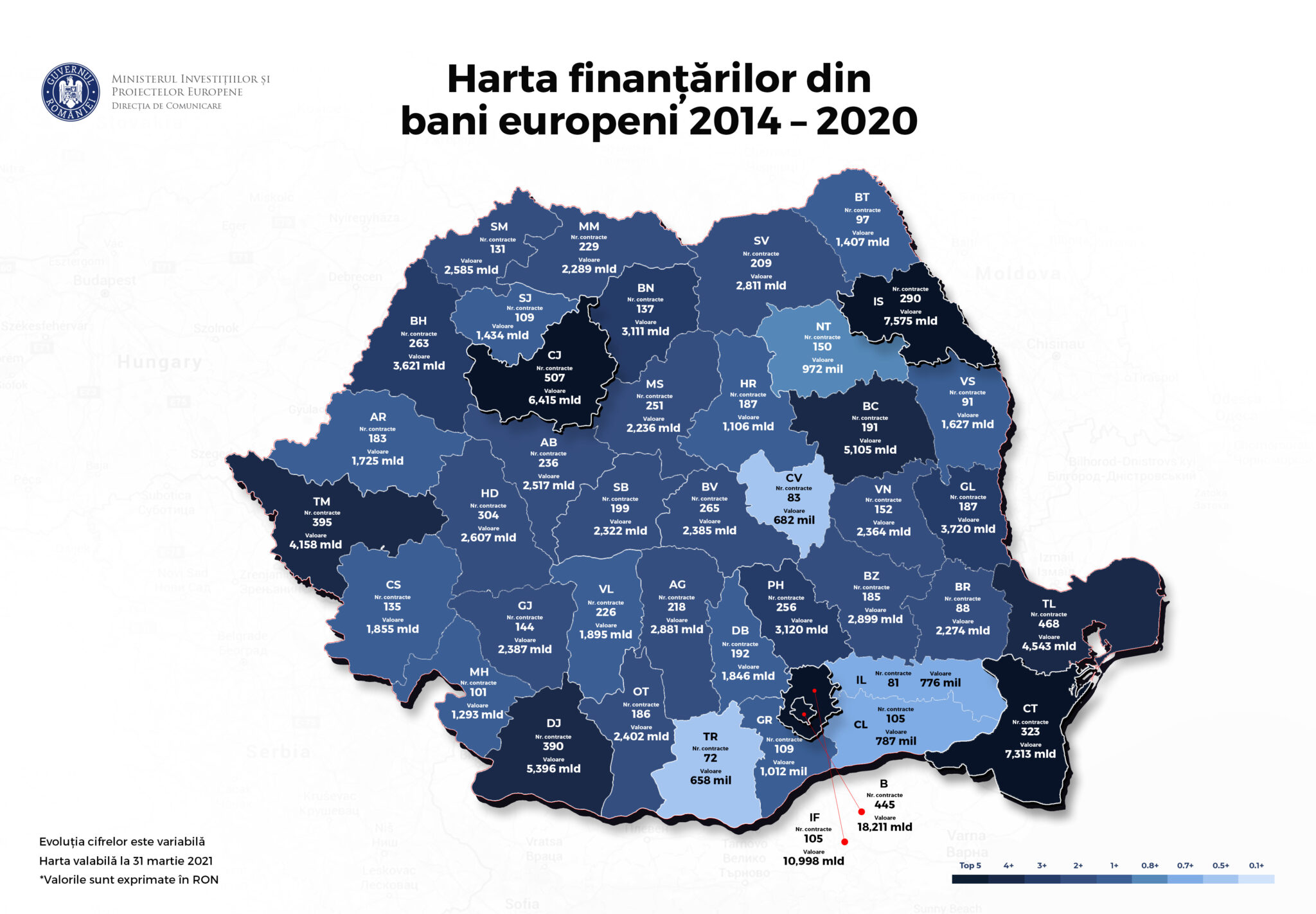 Mappa dei finanziamenti europei attratti dalla Romania nel periodo 2014-2020 Foto: Ministero dei Progetti e degli Investimenti Europei
