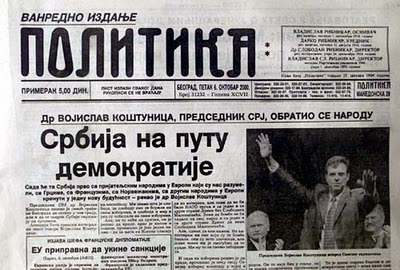 La pagina del quotidiano Politika del 6 ottobre 2000