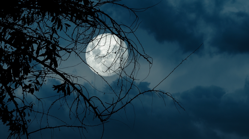 Dark,Blue,Sky,With,Full,Moon,And,Clouds,Behind,Silhouette