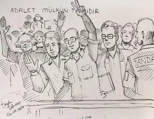 Drawings made by Tarık Tolunay during the trial against Cumhuryet © Tarık Tolunay