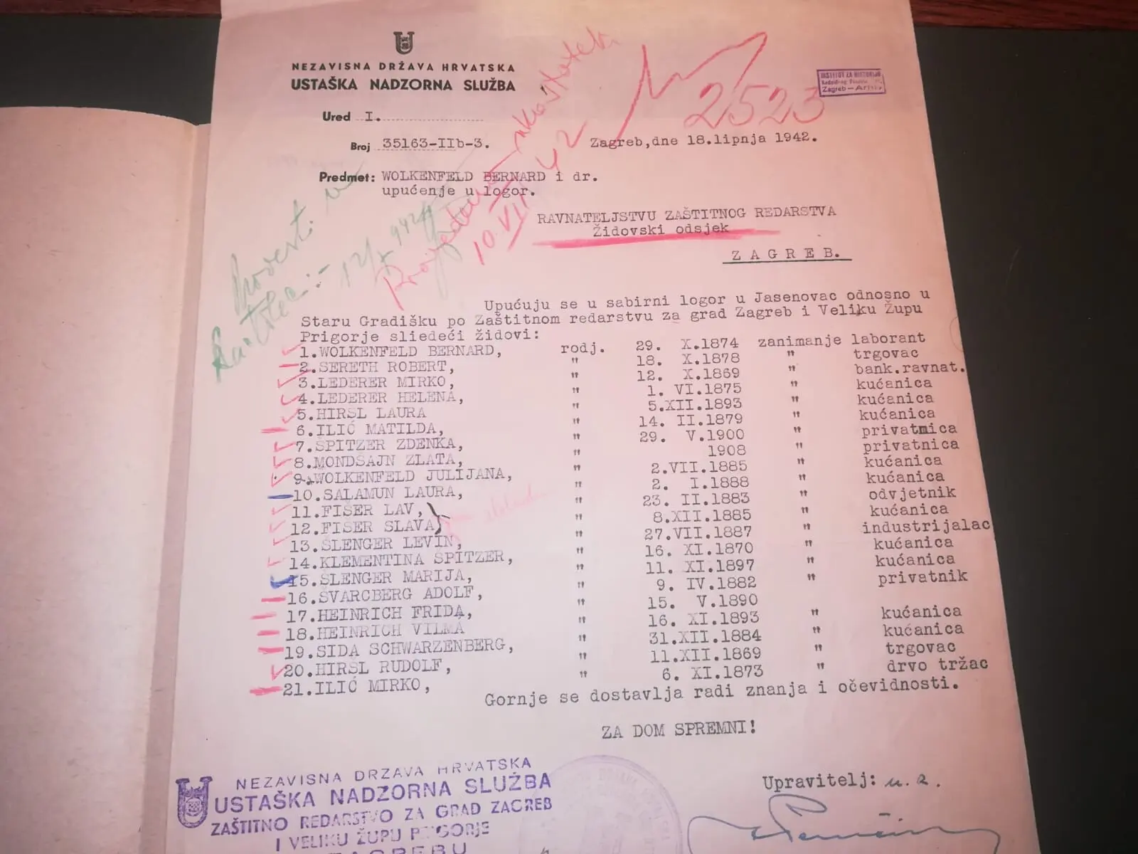 Official document of the Jasenovac camp citing Jewish prisoners