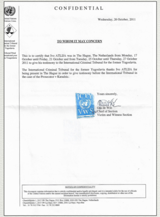 Certificazione TPI testimonianza Atlija al processo Karadžić - Archivio personale di Ivo Atlija e Frano Piplović Certificazione TPI testimonianza Atlija al processo Karadžić - Archivio personale di Ivo Atlija e Frano Piplović