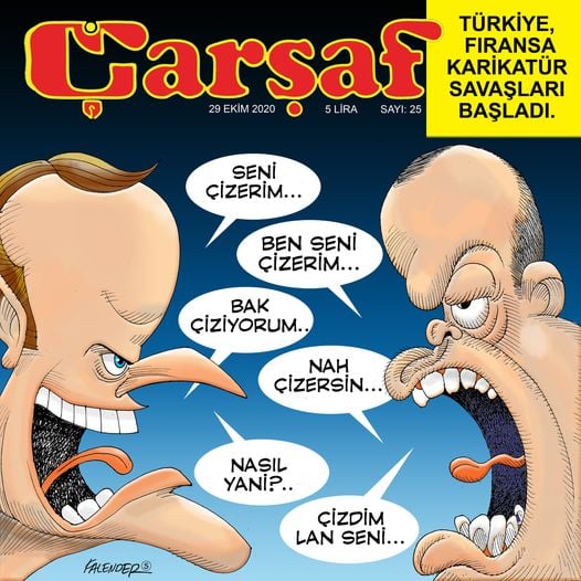 TURCHIA E FRANCIA HANNO INIZIATO LA GUERRA DELLE VIGNETTE – Ti marco*… – Io, ti marco… – Guarda ti sto marcando… – Ti piacerebbe… – Come scusa? – Tié, ti ho marcato… * Il verbo impiegato nell’originale può significare contemporaneamente “disegnare”, “graffiare”, “grattare via”, “cancellare”, “eliminare”, N.d.T. TURCHIA E FRANCIA HANNO INIZIATO LA GUERRA DELLE VIGNETTE – Ti marco*… – Io, ti marco… – Guarda ti sto marcando… – Ti piacerebbe… – Come scusa? – Tié, ti ho marcato… * Il verbo impiegato nell’originale può significare contemporaneamente “disegnare”, “graffiare”, “grattare via”, “cancellare”, “eliminare”, N.d.T.