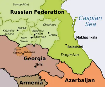 Dagestan (highlighted, Makhachkala and Balakhani) – map by OBC