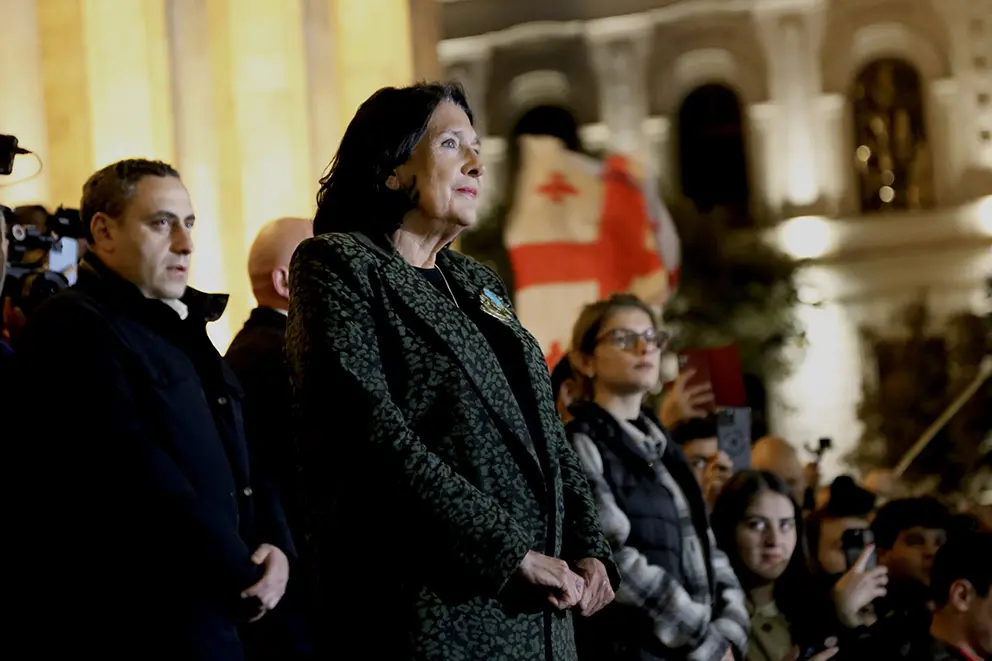 La presidente Zourabichvili durante la manifestaiozne di lunedì 28 ottobre 2024 (Foto F. Baccini) La presidente Zourabichvili durante la manifestaiozne di lunedì 28 ottobre 2024 (Foto F. Baccini)
