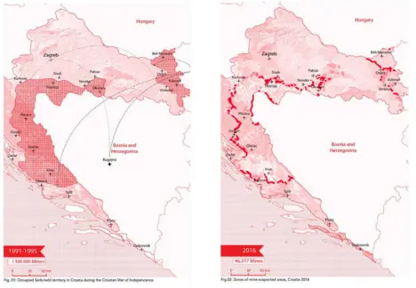 Područja Hrvatske okupirana od strane srpskih snaga 1992. – 1995 i Minski sumnjiva područja, podaci iz 2016. Područja Hrvatske okupirana od strane srpskih snaga 1992. – 1995 i Minski sumnjiva područja, podaci iz 2016.
