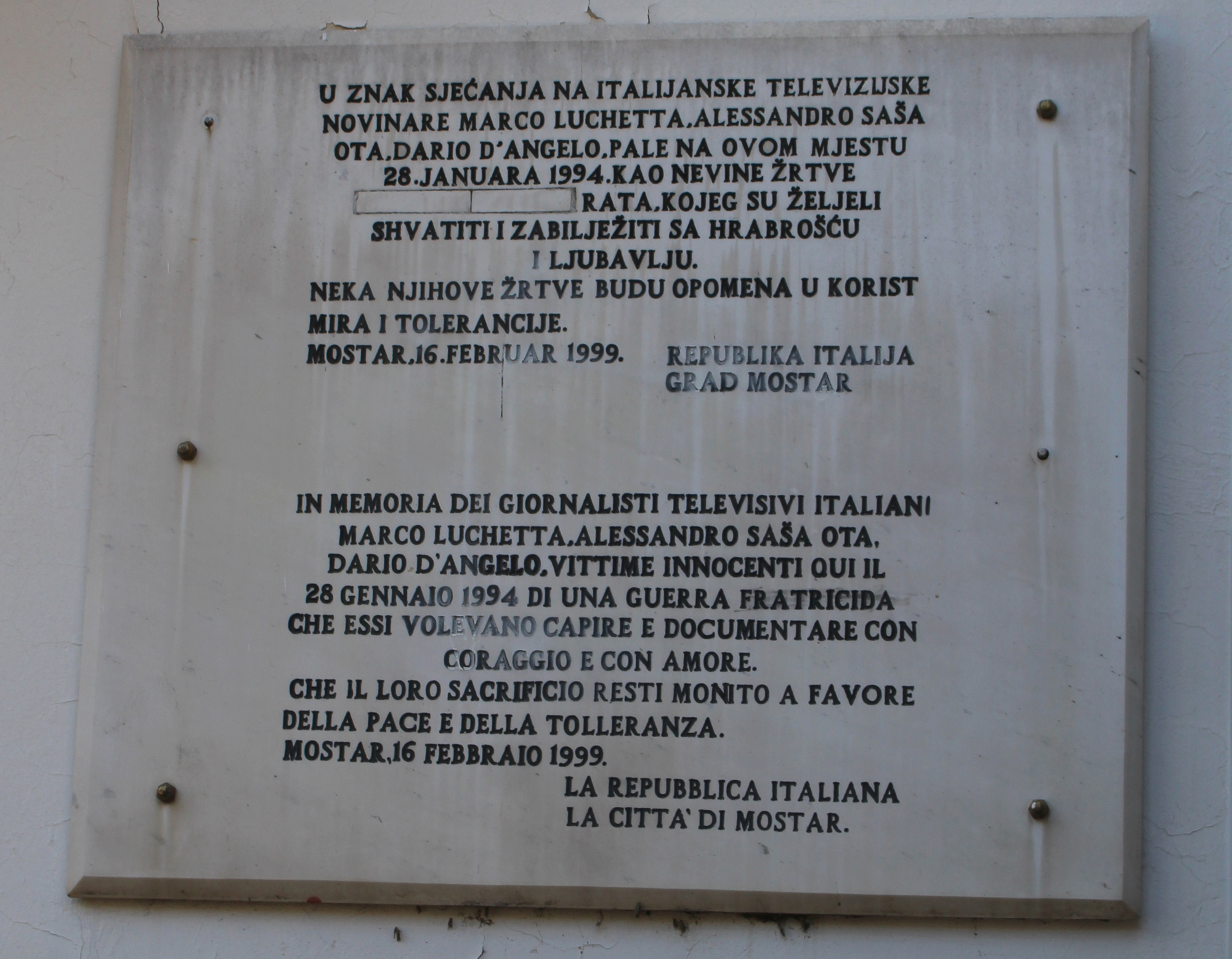 Mostar, targa in memoria dei tre inviati - N.Corritore