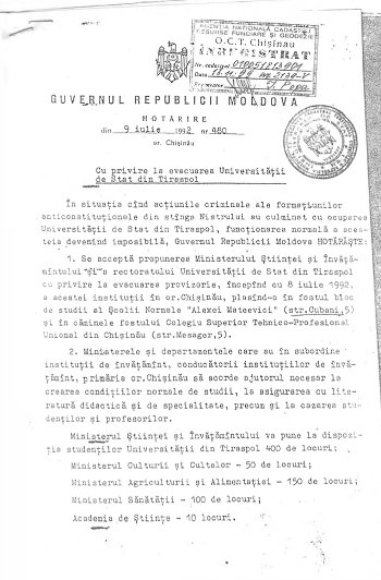 Il documento con cui si spostava nel 1992 l'università di Tiraspol a Chisinau Il documento con cui si spostava nel 1992 l'università di Tiraspol a Chisinau