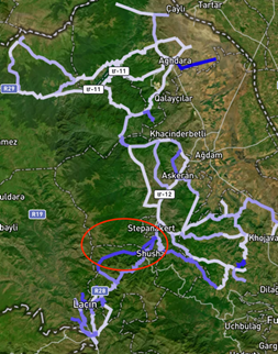 Percorsi di pattugliamento da marzo ad agosto 2022, quando le forze di peacekeeping russe hanno intensificato la loro presenza nell'area cerchiata, teatro di diversi incidenti mortali che non sono riusciti a prevenire. Le tonalità più scure indicano pattugliamenti più frequenti. Basato sulle mappe dei rapporti giornalieri della missione di peacekeeping russa. Creato dall'autrice.