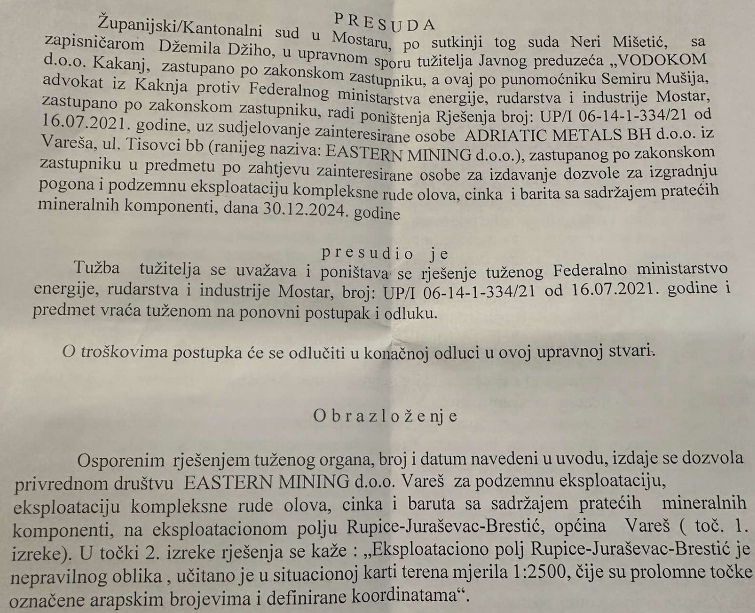 The ruling of the court in Mostar