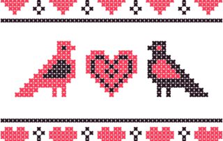 Dragobete, tradizione rumena di San Valentino. Schema a punto croce con cuori e coppia di uccellini © Sudowoodo / Shutterstock