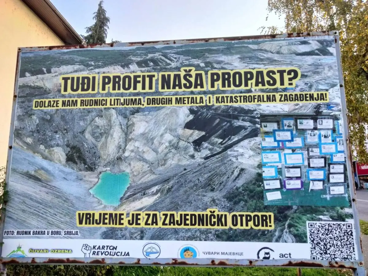 Anti-mining billboard in Lopare, Majevica - "Other people's profit, our downfall?". foto P. Lippman