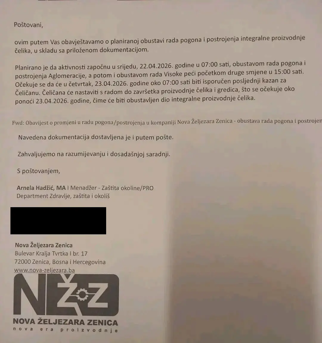Il comunicato stampa della Nuova acciaieria di Zenica