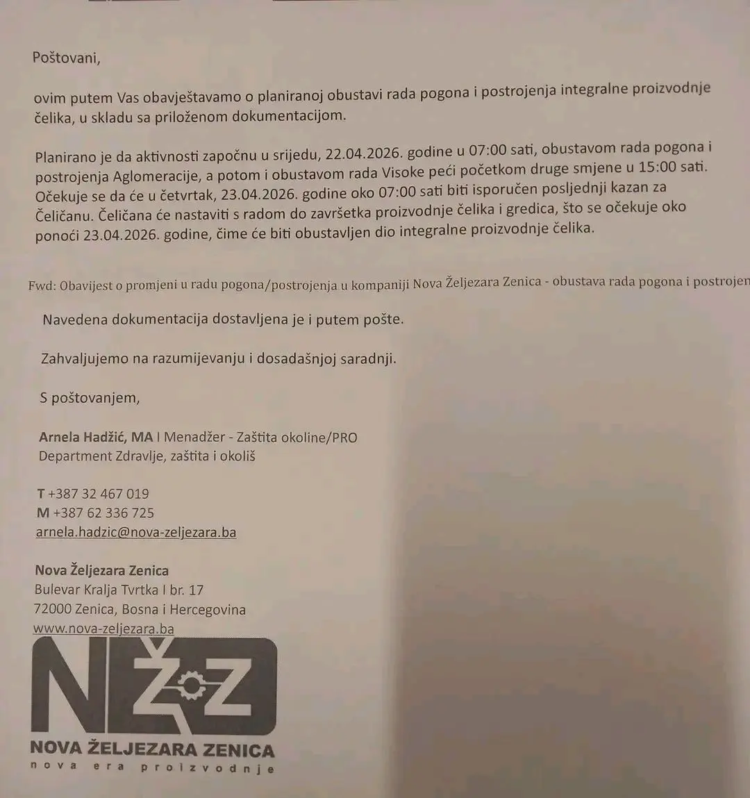 Saopštenje Uprave Nove željezare