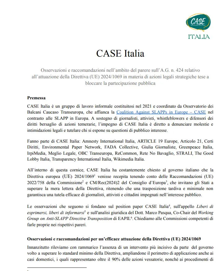 La memoria che CASE Italia ha trasmesso alle Commissioni parlamentari competenti