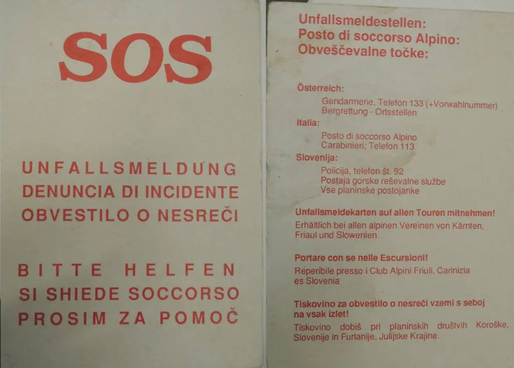 Un cartellino di soccorso trilingue diffuso nel 1980. Foto: M. Abram